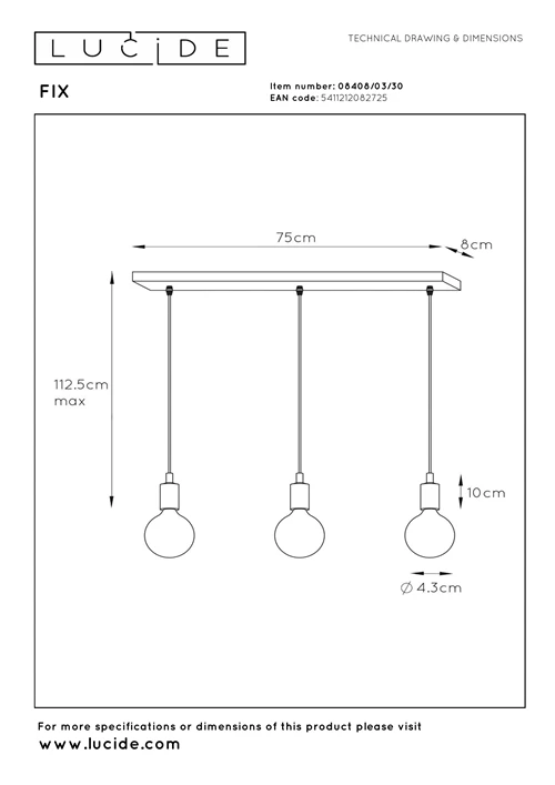 Lucide FIX - Hanglamp - 3xE27 - Zwart - technisch